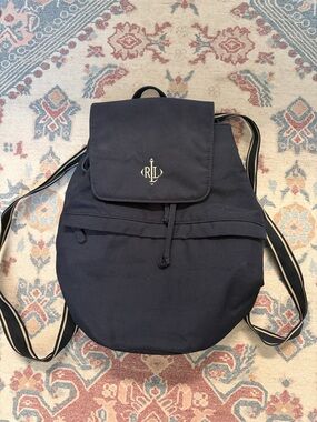Ralph Lauren Black Canvas Drawstring Backpack with Crest